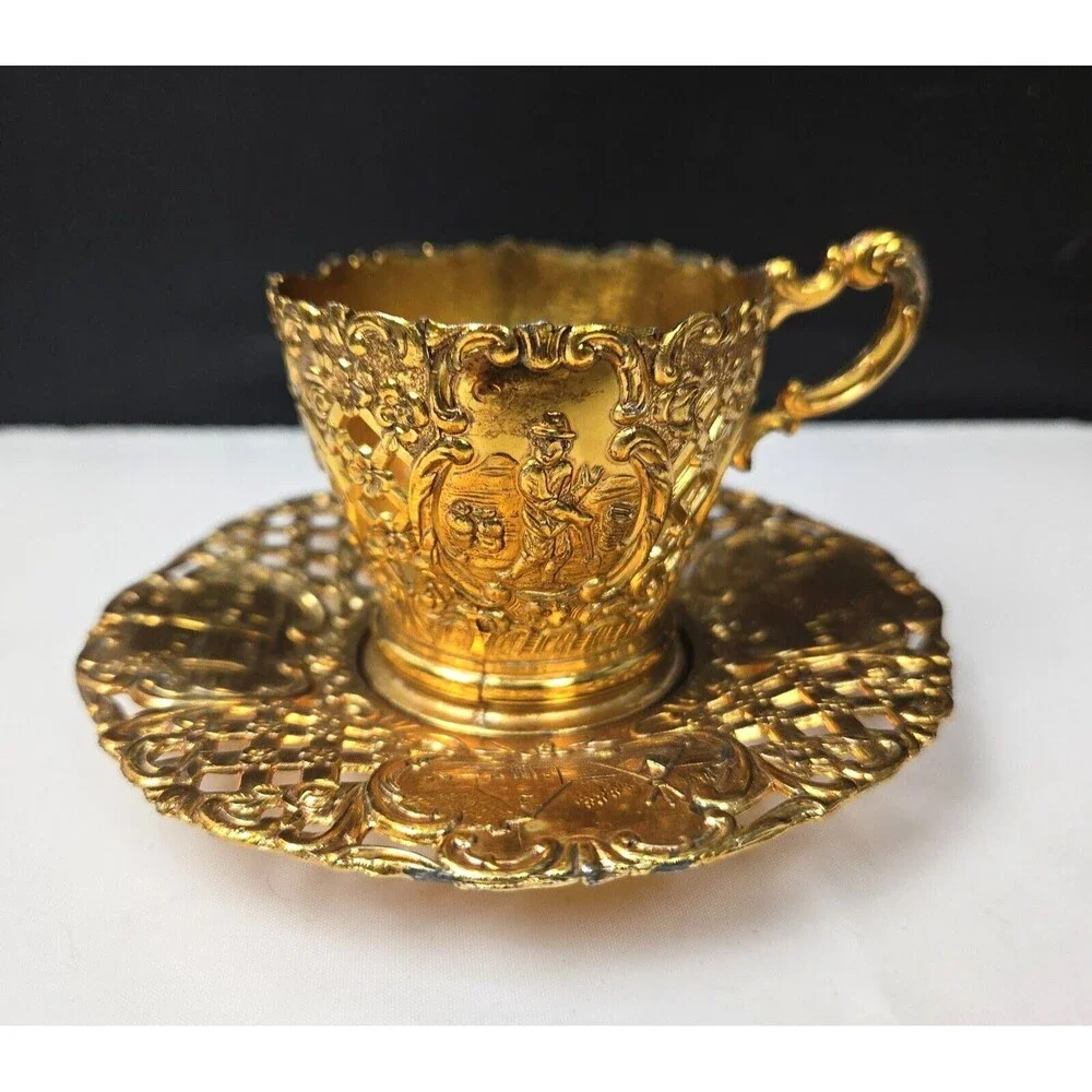 Gold Brass Gilded Plated Metal Demitasse Tea Set Cup Holder & Saucer Set of 4 - Picture 8 of 13